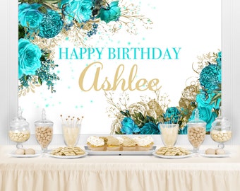 Teal Floral Personalized Backdrop // Digital Download // Cake Table Backdrop // Floral Backdrop File