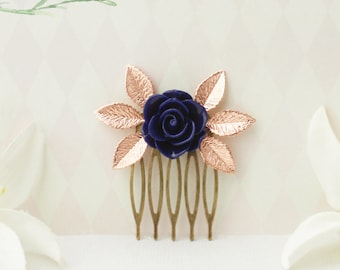 Rose gold and navy blue flower hair comb. Rose gold navy hair clip. Rose gold dark blue barrette