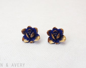 Navy blue and gold flower, surgical steel post earrings. Elegant and dainty stud earrings. Gold navy blue teal green earrings