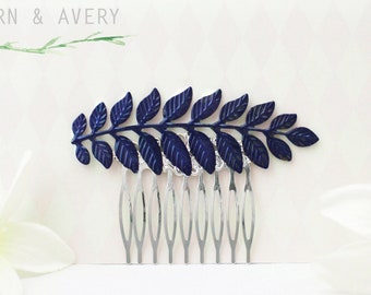 Navy blue grecian leaf leaves hair comb, elegant dark blue silver gold bridal wedding accessories. Fern leaf headpiece, hairpiece, clip