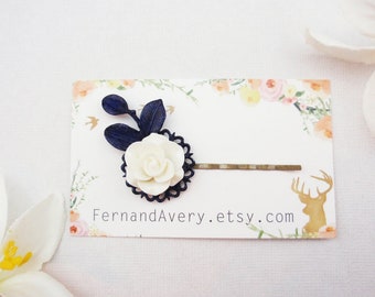 Dark navy blue and white rose flower hair pin. Vintage style navy blue hair pin. Elegant and dainty navy blue bobby pin, hair clip