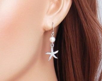 Dainty silver sparkly starfish earrings and or necklace, 925 sterling silver, white swarovski pearls, mermaid beach wedding, bridesmaid