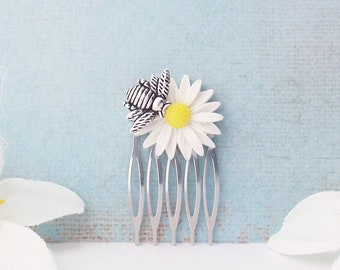 Elegant silver bee white and yellow daisy flower comb wedding bridal hair leaves pins vintage