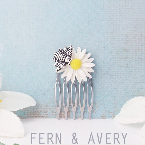 Elegant silver bee white and yellow daisy flower comb wedding bridal hair leaves pins vintage