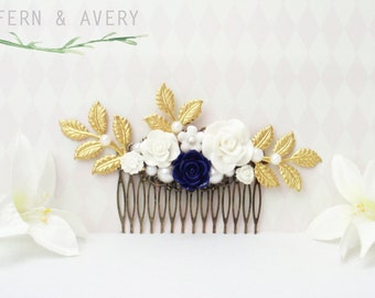Elegant navy blue, gold and white hair comb. Dark blue, white and gold flower comb.