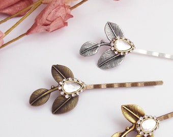 Vintage style hairpins, silver, gold, leaf rhinestone hair clips. Bobby pins. Art deco wedding, bridesmaid, flowergirl jewelry accessories
