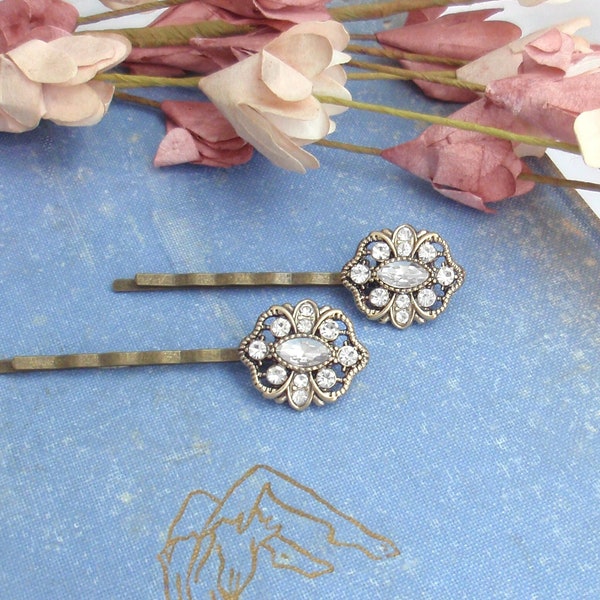 Vintage style hairpins, golden bronze rhinestone hair clips. Bobby pins. Art deco wedding, bridesmaid, flowergirl jewelry accessories