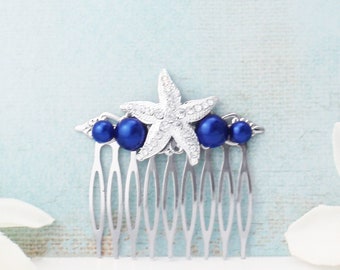 Silver and dark blue starfish hair comb, dark blue pearl hair clip, starfish hair accessories for beach wedding, bridesmaid, bridal