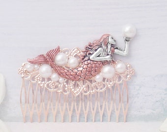 Rose gold mermaid hair comb. White or ivory pearls, Rosegold bridal hair clip. Beach wedding Mermaid hairpiece. Elegant pearl hair clip.