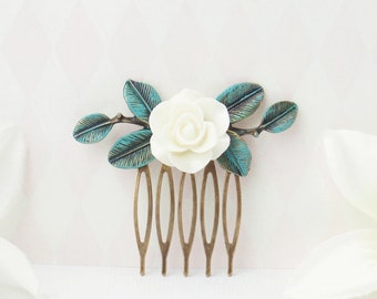 Turquoise green, white and gold flower hair piece. Wedding, bridal, formal, comb, clip. Vintage cottage chic wedding accessories