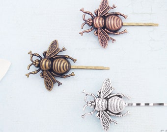 Choose silver, golden bronze or copper bee hair pins. Bee bobby pins. Elegant Bee hair clip. Large bee hair clip.