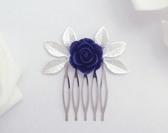 Silver and navy blue flower hair comb. Rose gold navy hair clip. Rose gold dark blue barrette. Bridesmaid, debutante, prom, romantic, floral