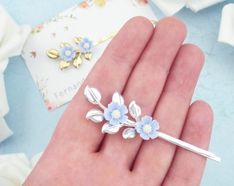 Dainty pale light blue Forget-Me-Not flower and leaf hairpin. Gold leaf flower hair pin. Silver leaves hair clip. Vintage style Grecian