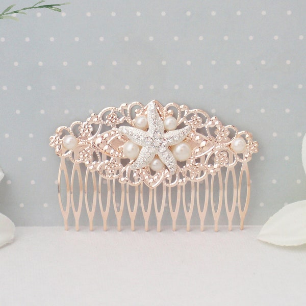 Rose gold starfish hair comb. Rose gold, silver and your choice of ivory or white pearls. Beach wedding hair clip, hairpiece