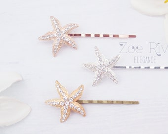 Choose rose gold, gold or silver crystal starfish hair pins. 2 starfish bobby pins. Beach wedding hair pins