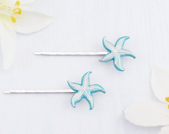 Silver, turquoise blue and gold starfish hair pins. 2 starfish bobby pins. Beach wedding hair pins. Dainty starfish hair clips, accessories