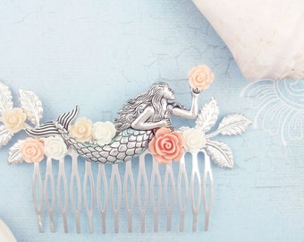 Mermaid hair comb. White, blush pink, peach and coral mermaid hair comb. Silver mermaid hair clip. Coral pink mermaid headpiece, hairpiece