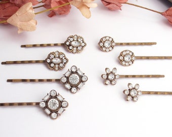 Vintage style hairpins, golden bronze rhinestone hair clips. Bobby pins. Art deco wedding, bridesmaid, flowergirl jewelry accessories