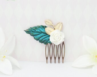 Emerald green, turquoise, white and gold flower hair comb. Wedding, bridal, formal, barrette, clip. Vintage cottage chic accessories