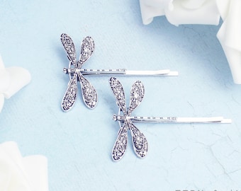 Silver dragonfly hair pins. Dainty dragonfly hair clip. SIlver dragonfly hairpiece. Vintage style dragonfly hair clip