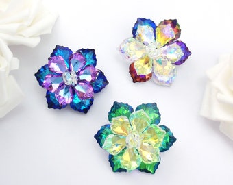 Crystal flower brooch. Emerald green, blue, purple, rainbow pin, jewelry. Coat pin, hat pin, broach. Bridal, wedding, formal, mothers day