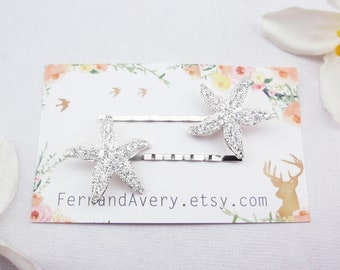 Choose rose gold, gold or silver crystal starfish hair pins. 2 starfish bobby pins. Beach wedding hair pins