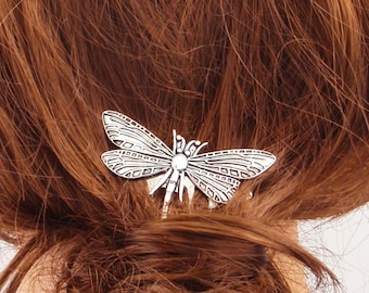 Silver dragonfly hair comb. Dainty dragonfly hair clip. SIlver dragonfly hairpiece. Vintage style dragonfly hair clip