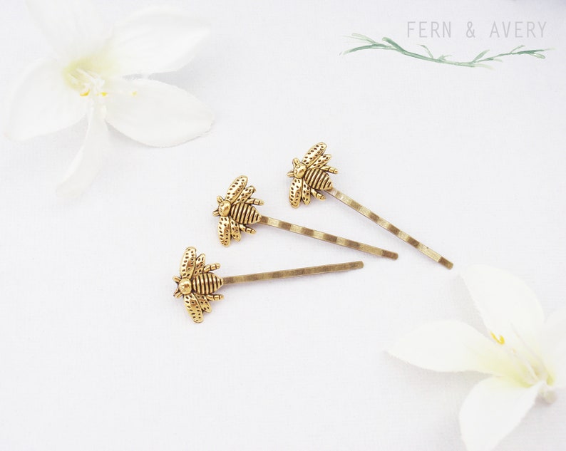 Choose silver, gold, rose gold or bronze bee hair pins. Bee bobby pins. Elegant Bee hair clip. Dainty bee hair clip. Honey bee accessories image 3