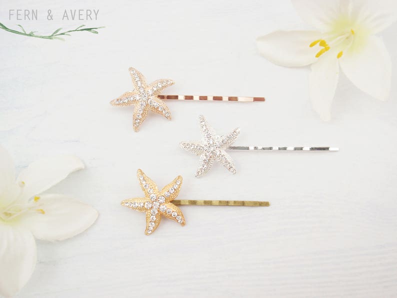 gold or silver crystal starfish hair pins Choose rose gold 2 starfish bobby pins Beach wedding hair pins