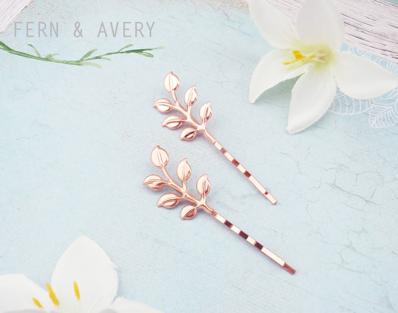 Leaf hair pins. Silver, gold or rose gold, Set of 2 dainty leaf bobby pins, hair clips. Silver leaf hair slides image 3