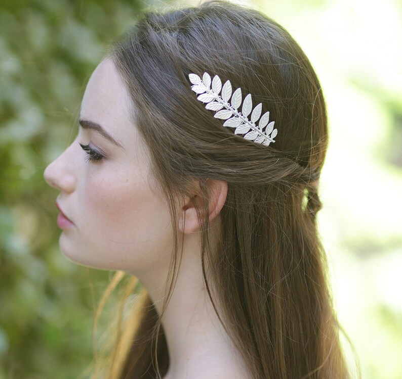 Choose silver, gold, rose gold or navy grecian leaf hair comb. Elegant dainty bridal wedding hair. Rose gold woodland wedding hair. image 4