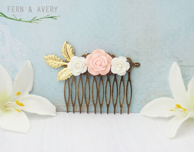 elegant Choose silver dainty leaves Vintage style gold or rose gold flower hairpiece with blush pink and white flowers