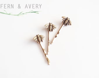 Choose silver, rose gold or golden bronze bee hair pins. Bee bobby pins. Elegant Bee hair clip. Dainty bee hair clip.