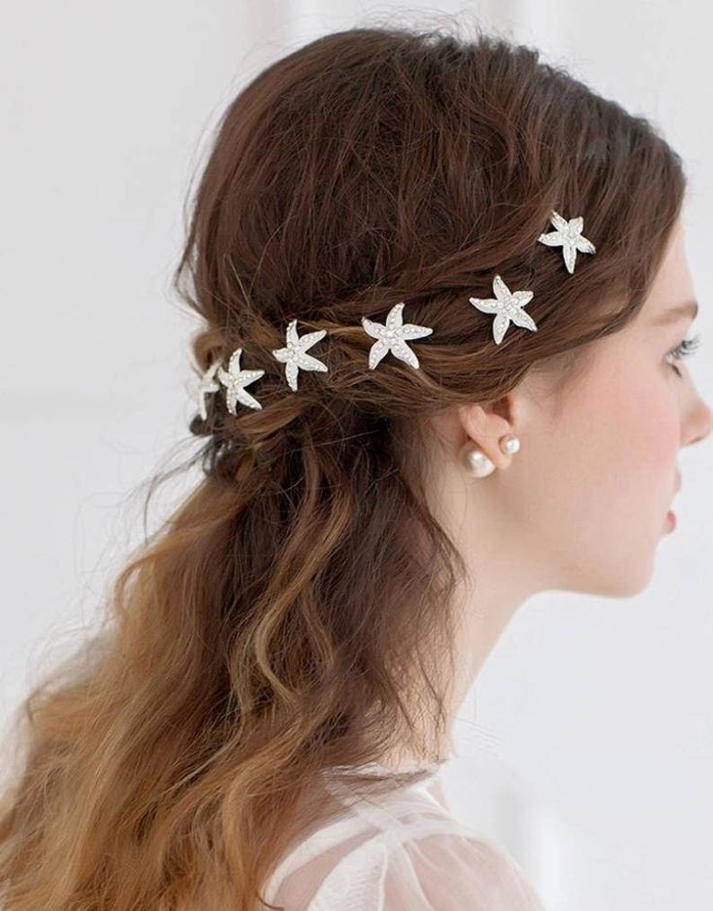 Choose rose gold, gold or silver crystal starfish U pins. 2 starfish bobby pins. Beach wedding hair pins image 2