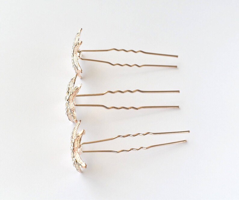 Choose rose gold, gold or silver crystal starfish U pins. 2 starfish bobby pins. Beach wedding hair pins image 4