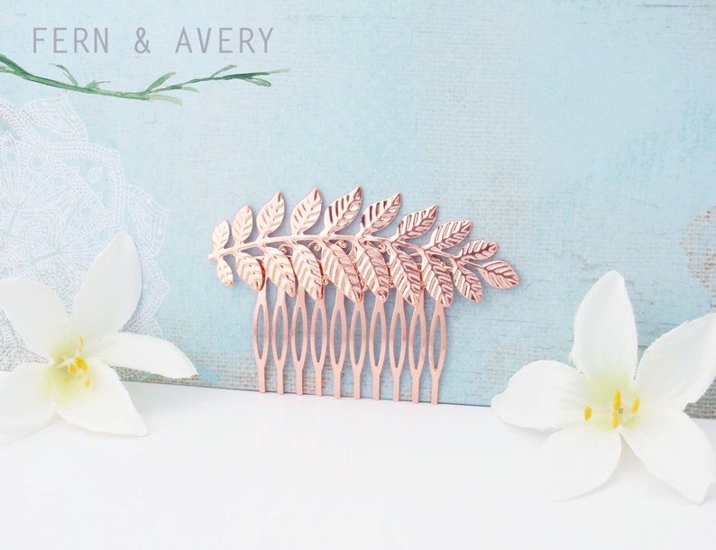 Choose silver, gold, rose gold or navy grecian leaf hair comb. Elegant dainty bridal wedding hair. Rose gold woodland wedding hair. image 3