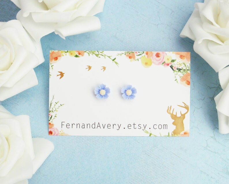 Dainty light blue forget-me-not flower stud earrings, 925 sterling silver, titanium, stainless steel. Small pale blue daisy, post earrings image 1