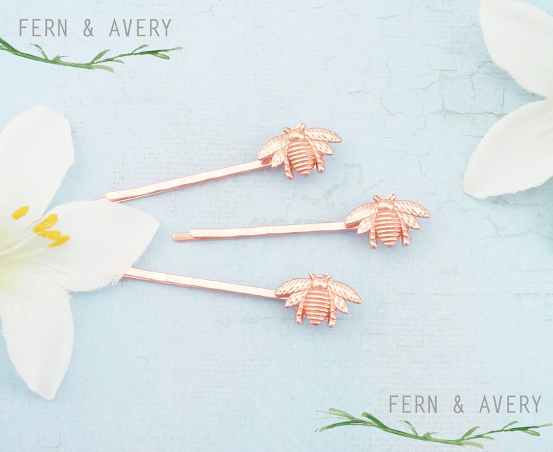 Choose silver, gold, rose gold or bronze bee hair pins. Bee bobby pins. Elegant Bee hair clip. Dainty bee hair clip. Honey bee accessories image 4
