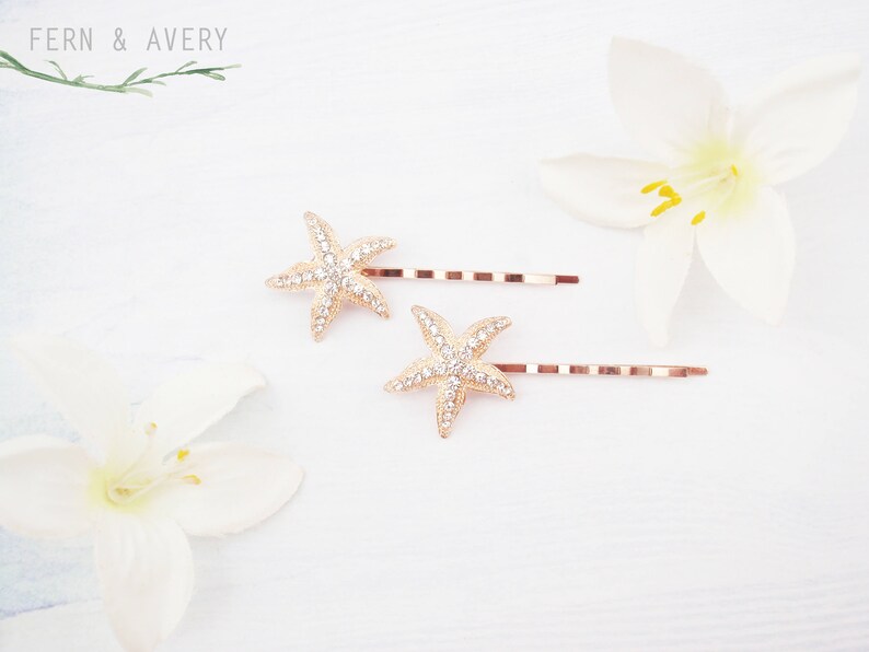 gold or silver crystal starfish hair pins Choose rose gold 2 starfish bobby pins Beach wedding hair pins