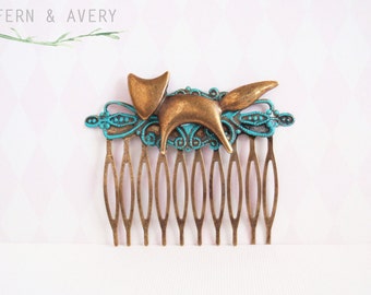 Turquoise green gold fox. Fox hair comb, vintage style bronze brass hair clip