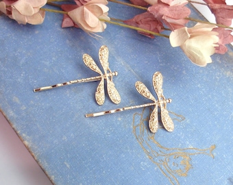 Gold dragonfly hair pins. Silver dainty dragonfly hair clip. Silver dragonfly hairpiece. Vintage style dragonfly hair clip