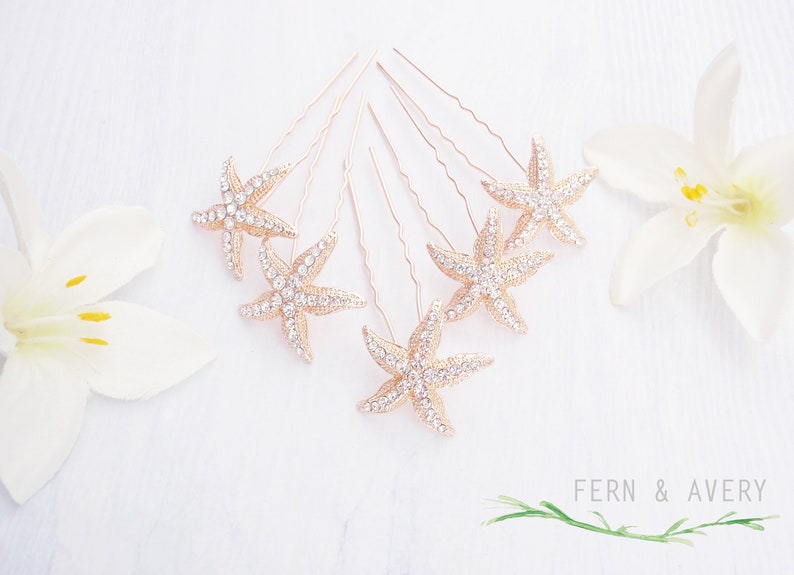 Choose rose gold, gold or silver crystal starfish U pins. 2 starfish bobby pins. Beach wedding hair pins image 1