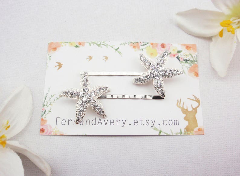 gold or silver crystal starfish hair pins Choose rose gold 2 starfish bobby pins Beach wedding hair pins
