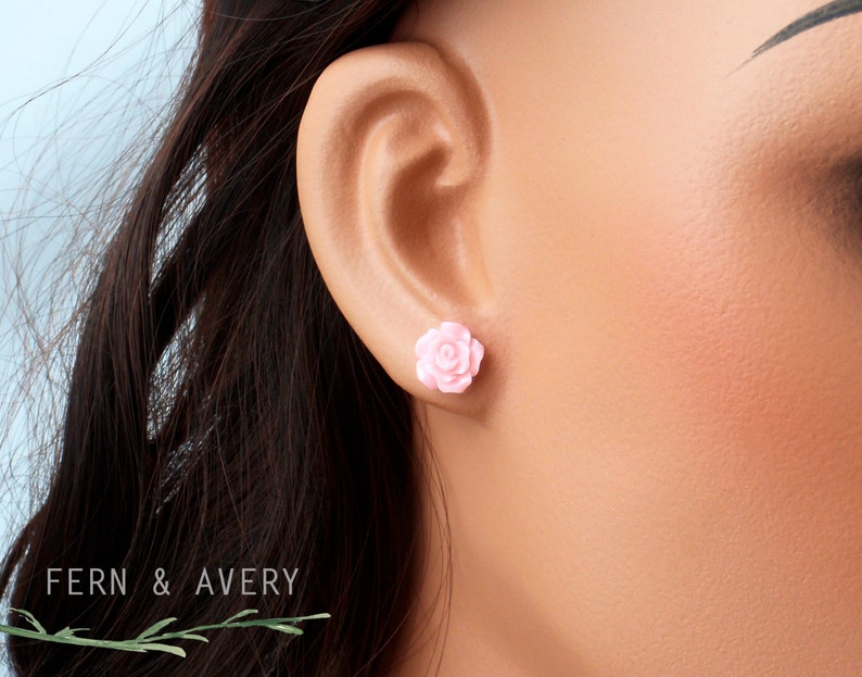 Dainty pink flower stud earrings, 925 sterling silver, titanium, stainess steel. Small rose daisy post earring. Pale, baby, bright, hot pink image 3