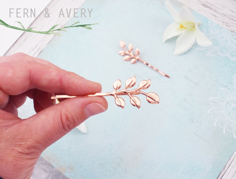 Leaf hair pins. Silver, gold or rose gold, Set of 2 dainty leaf bobby pins, hair clips. Silver leaf hair slides image 4