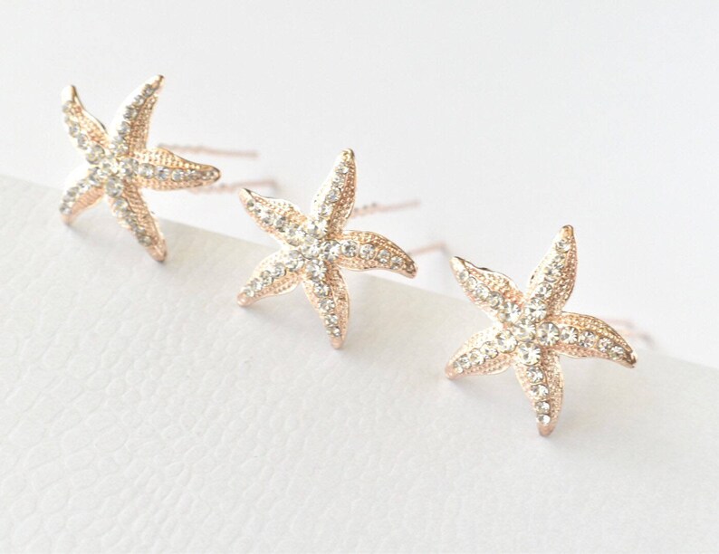 Choose rose gold, gold or silver crystal starfish U pins. 2 starfish bobby pins. Beach wedding hair pins image 5