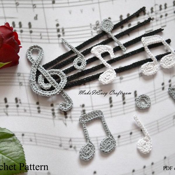 Musical note crochet pattern Crochet 6 notes Quarter note Half note Whole note Eighth note Beamed note Treble clef applique Digital download