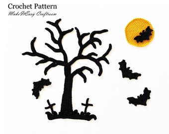 Halloween theme appliques Crochet Pattern Tree Vampire bat Moon Cross Grass patch Spooky Embellishments House decoration Halloween patterns