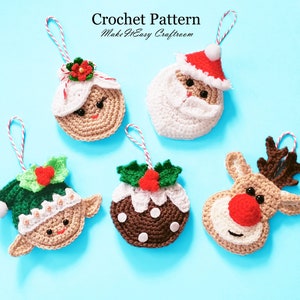 Christmas tree hanging ornaments CROCHET PATTERN Xmas pudding Elf Reindeer Rudolf Santa and Mrs Claus Christmas tree decoration