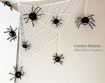 Crochet pattern Spider on Cobweb Halloween wall decoration Hanging ornament Crochet cross spider Corner web Spider on silk line Spooky decor